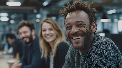 A smiling man with an afro joyfully poses with diverse colleagues in a bright contemporary open office space.