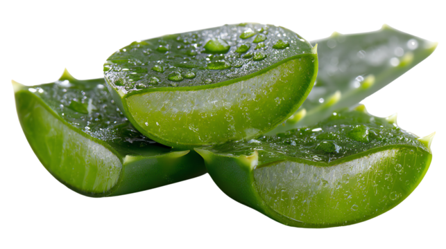 Aloe Vera: A close-up shot of fresh, cut Aloe Vera leaves reveals the plant's natural, translucent gel.