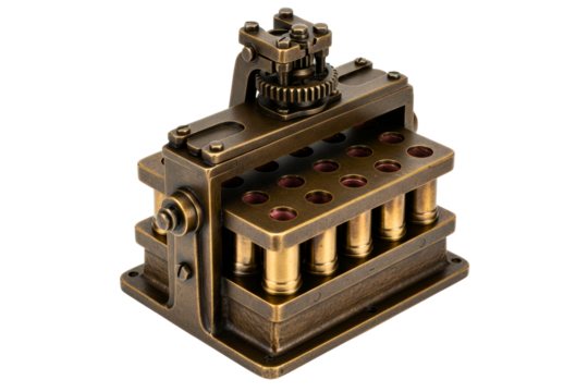 Steampunk-style industrial machine with gears and brass casings isolated on a transparent background