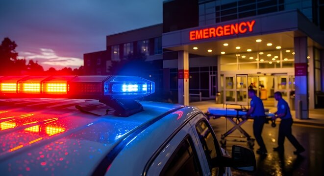 Nighttime emergency scene with ambulance and medical team at hospital entrance for urgent care concept - Powered by Adobe