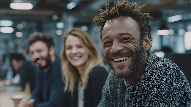 A smiling man with an afro joyfully poses with diverse colleagues in a bright contemporary open office space. - Powered by Adobe