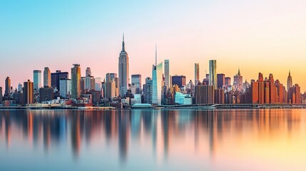 Obraz premium A vibrant skyline at sunset reflecting on water, showcasing iconic buildings, including the Empire State Building, in a stunning urban landscape.