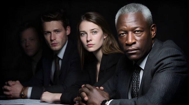A diverse team of business professionals sits together with serious expressions du a meeting in a dark room. - Powered by Adobe