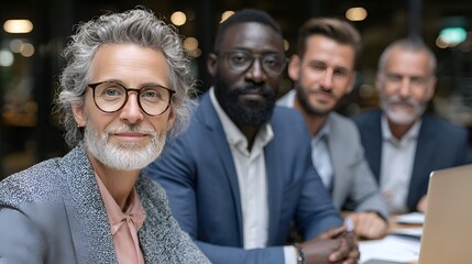 A diverse group of confident business professionals pose together in a bright and modern office setting.