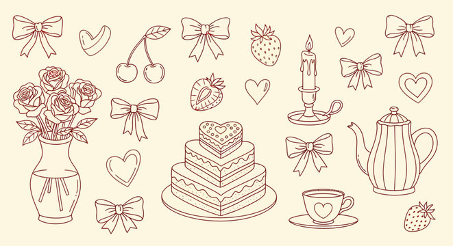 Elegant line art illustration featuring various decorative elements, perfect for design projects.
