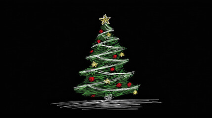  Christmas Tree and star, drawn in chalk over black background. In white, red and green. 