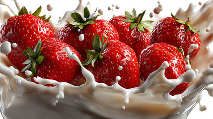 Juicy Strawberry Splash: A vibrant arrangement of ripe strawberries bursts forth from a creamy embrace, their succulent texture highlighted by the playful splash of freshness.