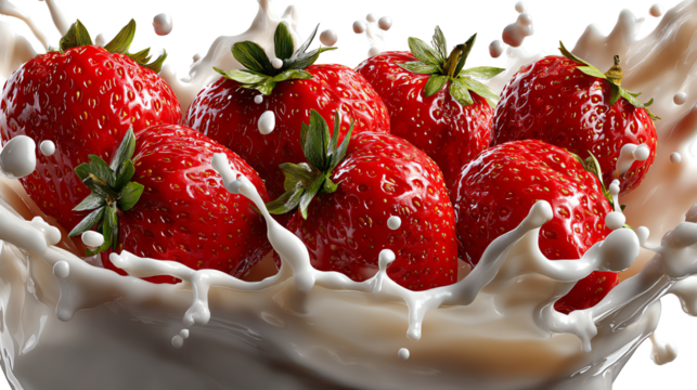 Juicy Strawberry Splash: A vibrant arrangement of ripe strawberries bursts forth from a creamy embrace, their succulent texture highlighted by the playful splash of freshness.