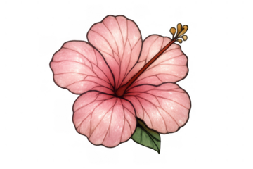 Pink hibiscus flower drawing with delicate watercolor texture and outline, tropical botanical illustration on transparent background