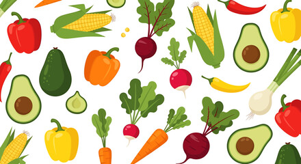 Fototapeta premium Colorful seamless pattern of various fresh vegetables including corn, avocado, peppers, and carrots on a white background.