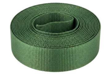 Roll of green woven nylon webbing strap for outdoor equipment isolated on a transparent background