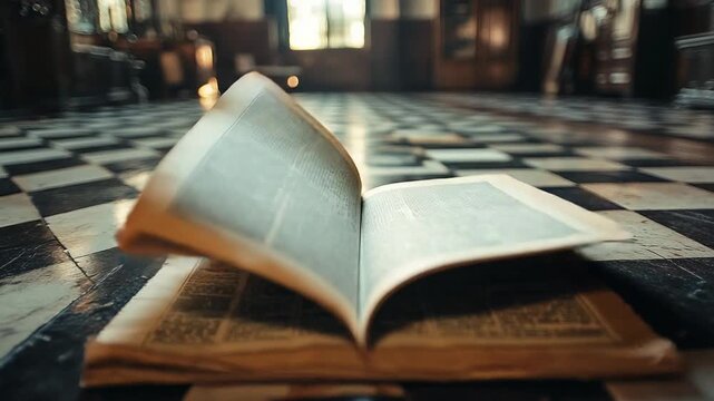Open book on patterned floor in a vintage library