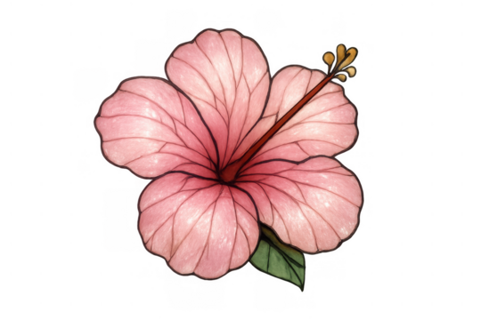Pink hibiscus flower drawing with delicate watercolor texture and outline, tropical botanical illustration on transparent background