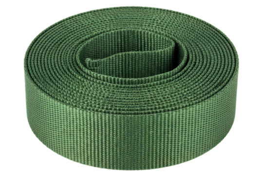 Roll of green woven nylon webbing strap for outdoor equipment isolated on a transparent background