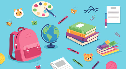 A collection of colorful school supplies including a backpack, books, globe, and art materials on a blue background.