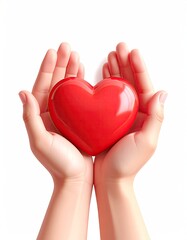 Hands cradling a glossy, red heart on a stark white background
