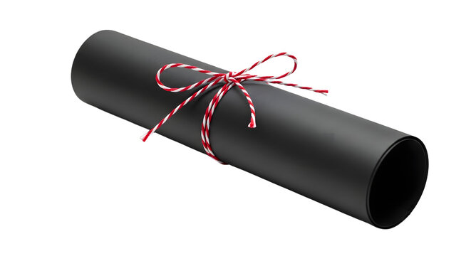 Gift - Black diploma scroll tied with red and white string on white background, education certificate concept, perfect for graduation or academic achievement themes