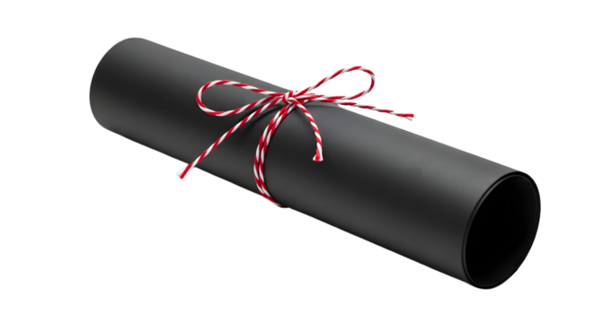 Gift - Black diploma scroll tied with red and white string on white background, education certificate concept, perfect for graduation or academic achievement themes