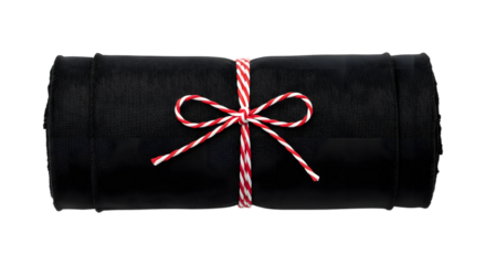 Gift - Black rolled yoga mat tied with red and white string bow isolated on white background, perfect for fitness and wellness
