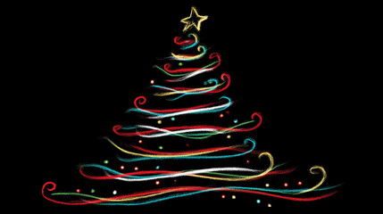 Abstract Christmas Tree and star made of ribbin, drawn in chalk over black background. In gold,red and light blue. 