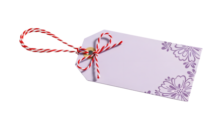 Gift - Blank purple gift tag with decorative floral pattern and red and white string, perfect for labeling gifts or crafting projects