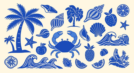 A collection of blue tropical and marine elements including palm trees, seashells, crabs, waves, and fruits.