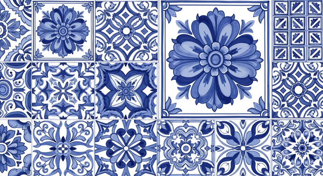 Blue and white patterned tiles with floral and geometric designs.