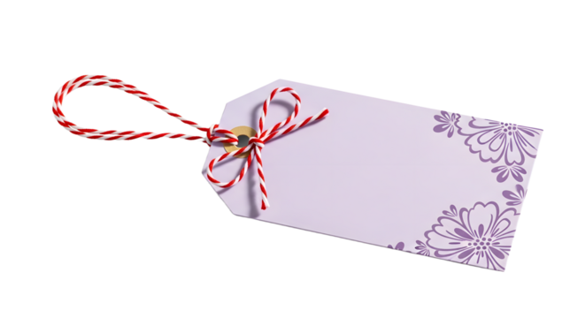 Gift - Blank purple gift tag with decorative floral pattern and red and white string, perfect for labeling gifts or crafting projects