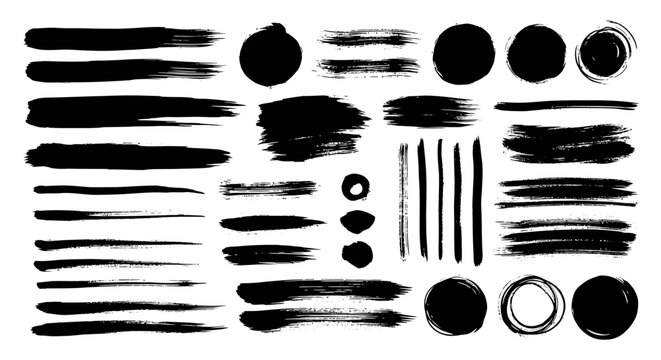 Various black brush strokes and circles on a white background.