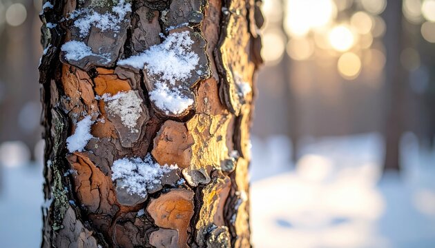 Close up of a pine tree trunk with rough textured bark covered in snow during a bright winter sunrise with soft golden light filtering through the blurred forest background