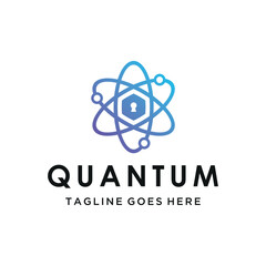 Modern quantum atom structure with Hexagon Keyhole Symbol for advanced security digital innovation logo design