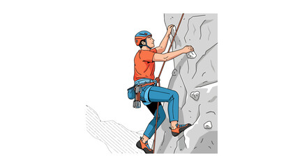 Fototapeta premium A man in climbing gear ascends a rock face with a rope, wearing a helmet and harness.