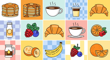 Cartoon illustrations of various breakfast food and drink items arranged in a colorful grid pattern.