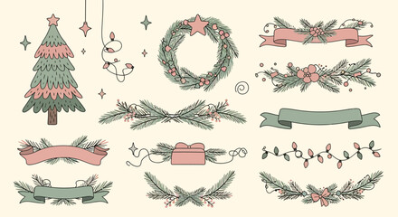 Christmas-themed illustration featuring a decorated tree, wreath, ribbons, and various festive elements.