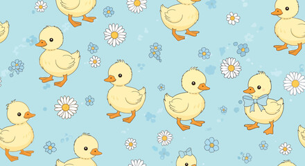 Seamless pattern featuring adorable yellow ducklings and delicate flowers on a soft blue background.