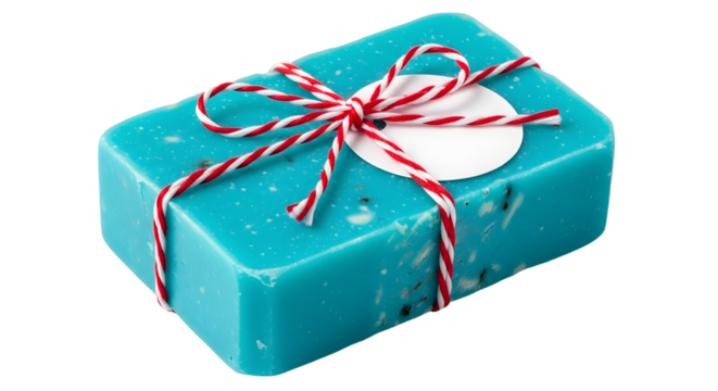 Gift - Blue handmade soap bar wrapped with red and white string and circular label isolated on white background, perfect for natural skincare promotion
