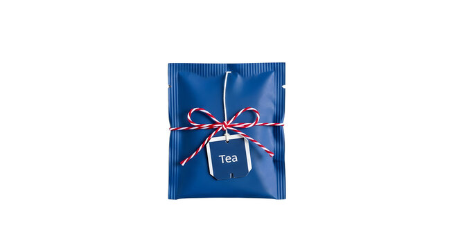 Gift - Blue tea bag package with red and white string and tag labeled Tea, isolated on white, perfect for product packaging and beverage content
