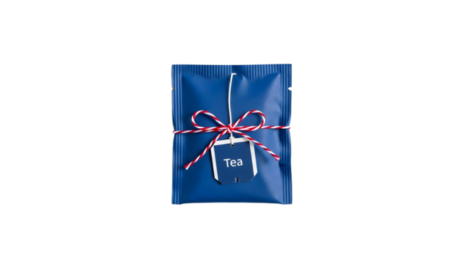 Gift - Blue tea bag package with red and white string and tag labeled Tea, isolated on white, perfect for product packaging and beverage content