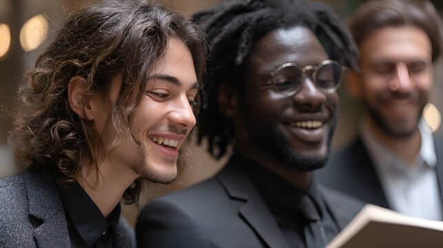 Three diverse young men are smiling and looking at something together while wea suits at an event.