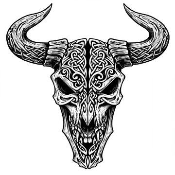 Ornate bovine skull featuring intricate knotwork designs upon a white background