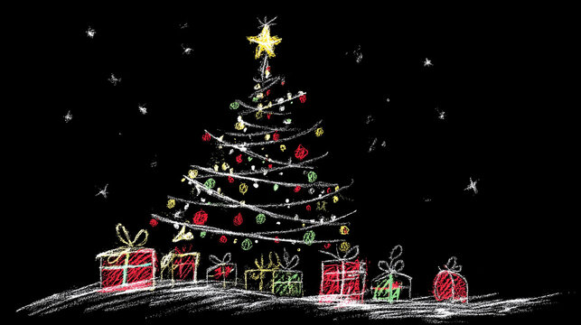Chalk drawing of greem Christmas Tree and gifts in green red and white. Ona black 