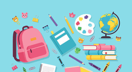A vibrant illustration showcasing various school supplies scattered on a light blue background, perfect for educational themes.