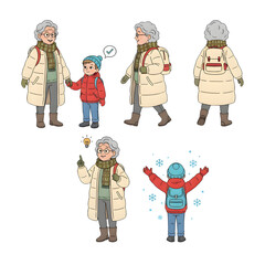 Set of Elderly woman and grandson character in winter. illustration design.