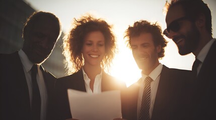 Group of diverse business professionals analyze documents together smiling outdoors in the bright sunlight.