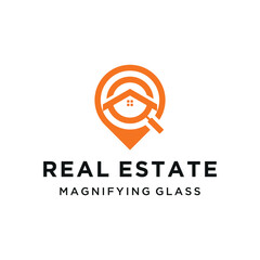 Modern Real Estate with House Magnifying Glass Location Pin For property search business apps logo design