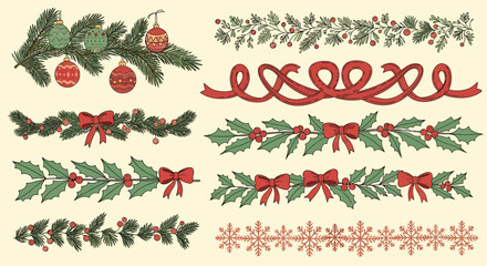 Collection of various Christmas-themed decorative borders, featuring ornaments, bows, and festive foliage.