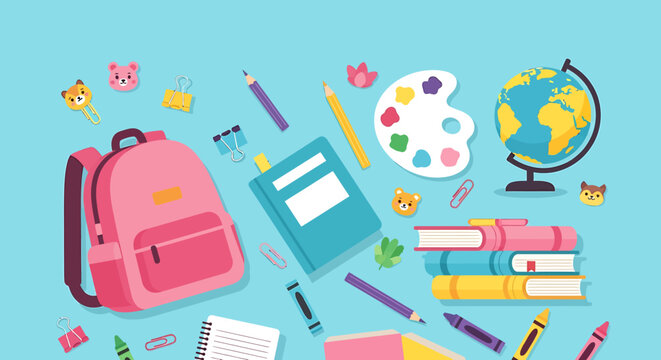 A vibrant illustration showcasing various school supplies scattered on a light blue background, perfect for educational themes.