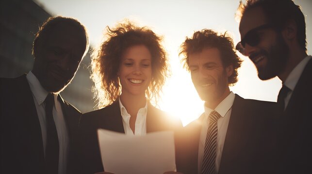 Group of diverse business professionals analyze documents together smiling outdoors in the bright sunlight.