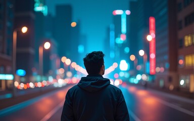 A man stands in the middle of a city with a bright light shining on him. The city is lit up with a variety of colors, creating a vibrant and energetic atmosphere. The man is looking up at the sky