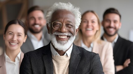 Diverse team with an elderly African American man at the forefront, symbolizing experience and leadership.